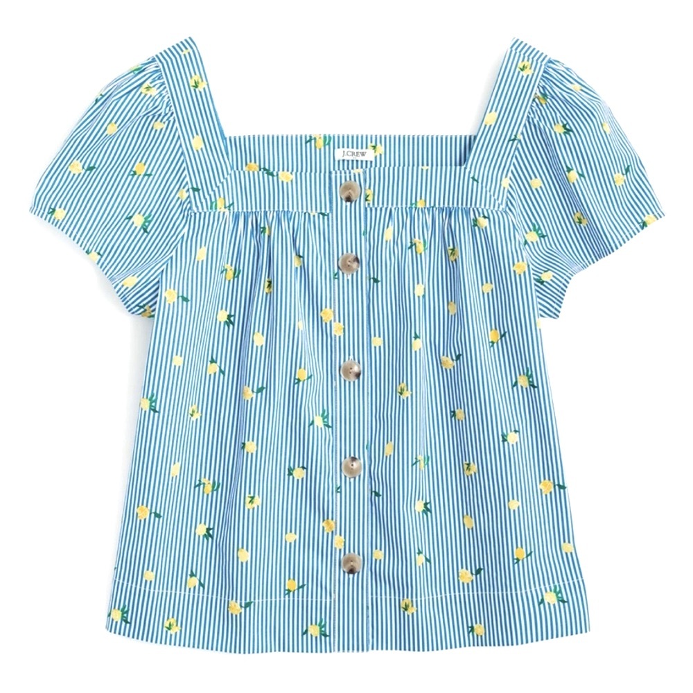 J. Crew Lemon Stripes Puff-Sleeve Blouse cotton poplin XS